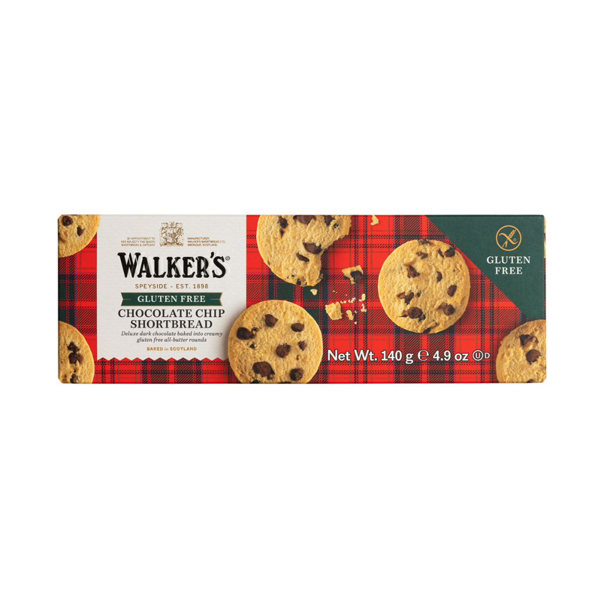 Box of Walker's Gluten Free Chocolate Chip Shortbread on a white background