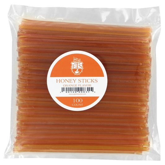 Pack of honey sticks with orange flavor and a visible brand label on a white background.