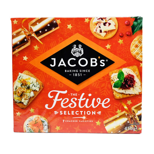 Jacob's Festive Selection cracker box with festive design and cracker images.