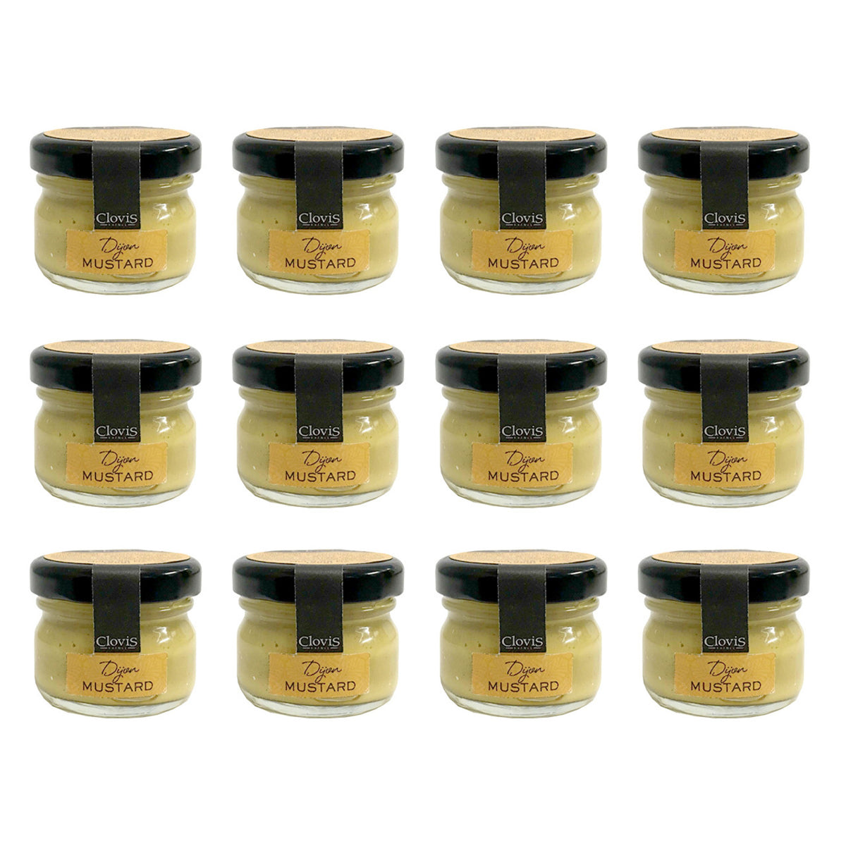 12 jars of Clovis Dijon Mustard with a black lid and a label that reads 'Dijon Mustard'.