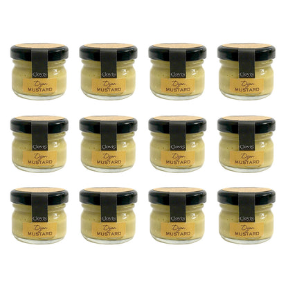 12 jars of Clovis Dijon Mustard with a black lid and a label that reads 'Dijon Mustard'.