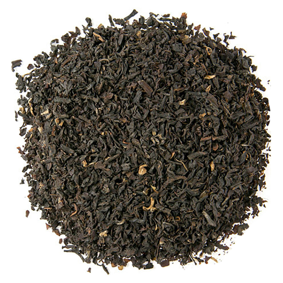 Close-up of dark brown dried tea leaves on a white background