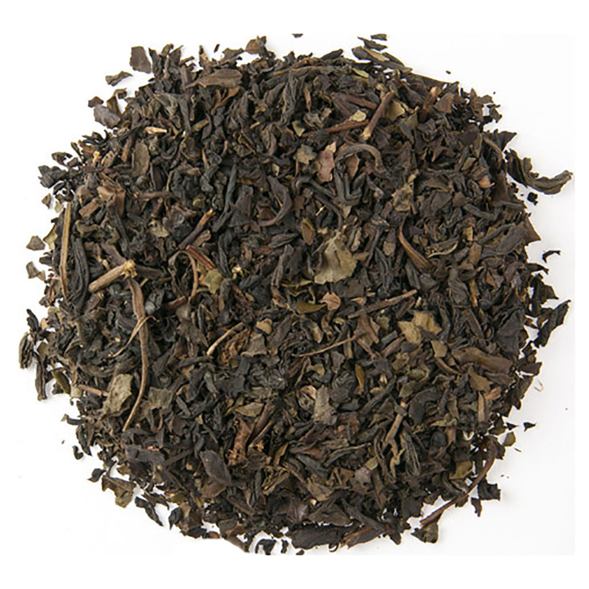 Dry black tea leaves on a white background
