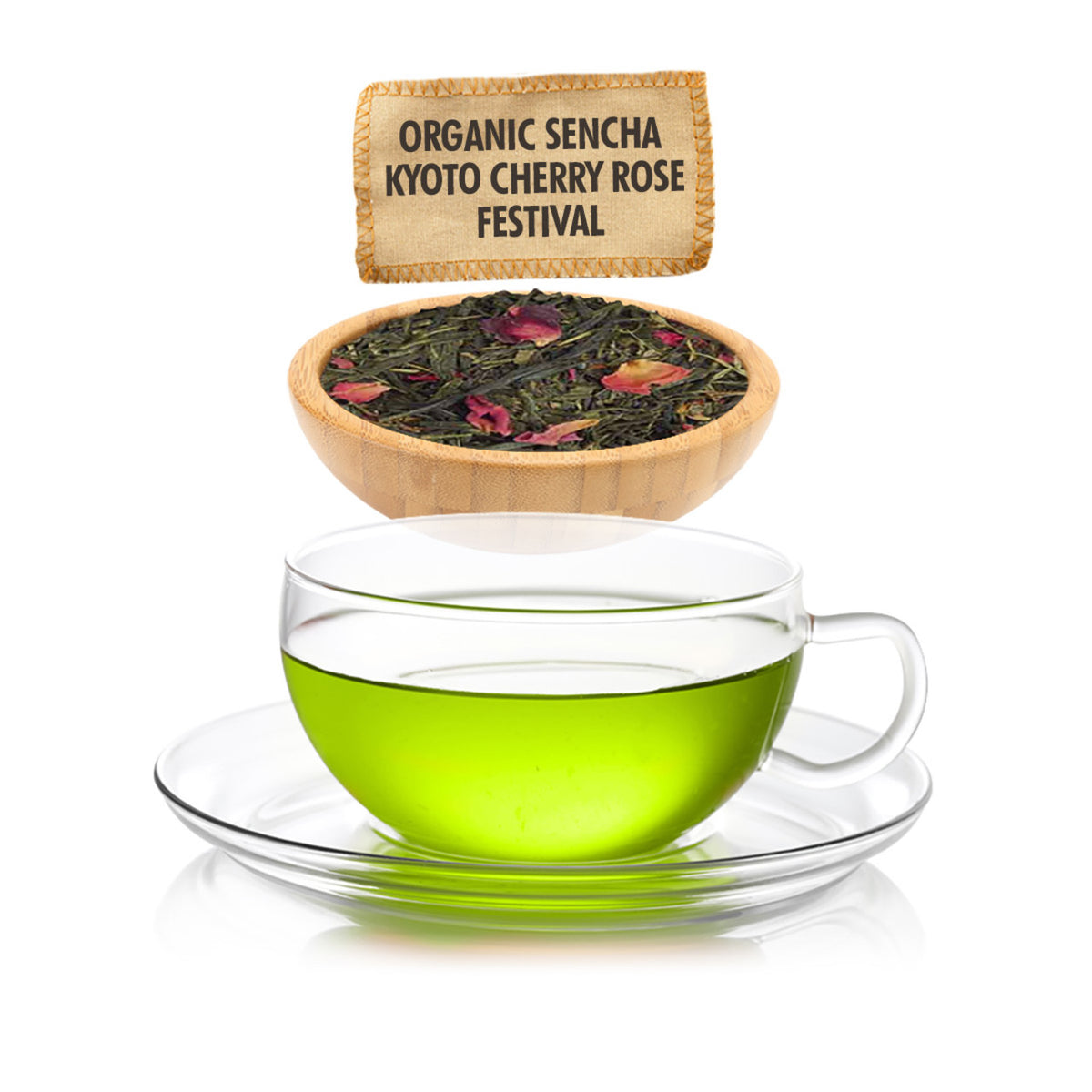 Bowl of green tea leaves with a glass of brewed tea and a label above on a white background