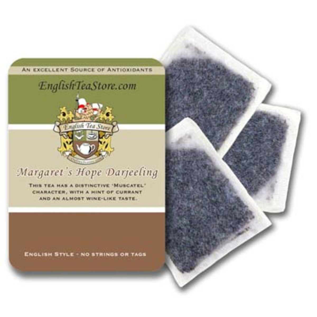 Packaging of Margaret's Hope Darjeeling tea bags by English Tea Store. The pouch is brown with the product name and description printed on it, featuring a logo at the top.