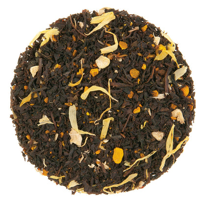 Tea blend with visible leaves and flowers on a white background