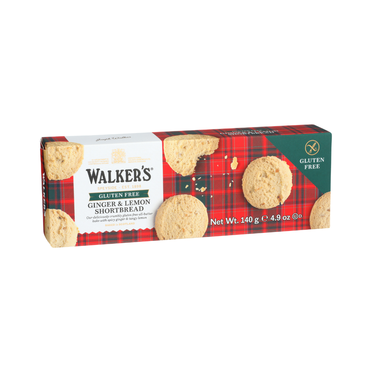 Box of Walker's Ginger & Lemon Shortbread gluten free cookies on a white background