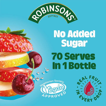 Robinsons no added sugar product with fruit imagery and branding on a blue background