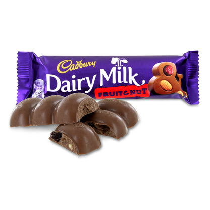 Cadbury Dairy Milk Fruity & Nut chocolate bar with purple packaging on a white background