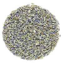 Loose leaf caffeine-free lavender herbal tea, with dried lavender petals visible.
