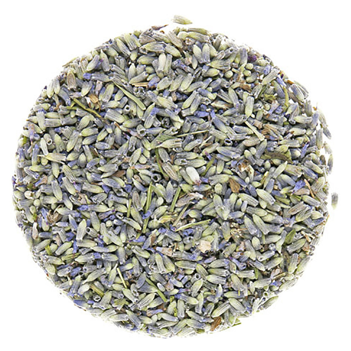 Loose leaf caffeine-free lavender herbal tea, with dried lavender petals visible.