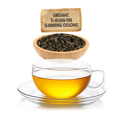 Tea packaging with a glass of tea and a bowl of tea leaves on a white background
