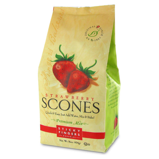 Bag of Strawberry Scones mix with red strawberries on a yellow background