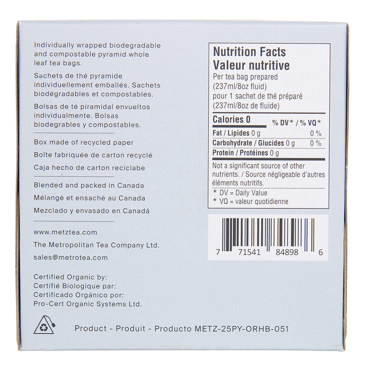 Back of a tea box with nutritional facts and product details.