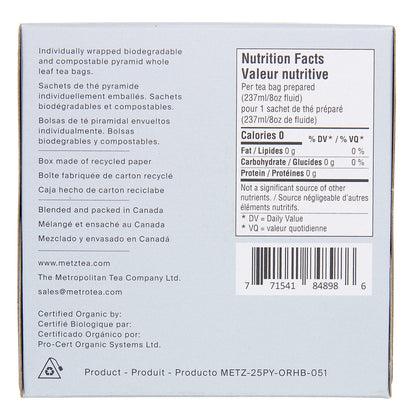 Back of a tea box with nutritional facts and product details.