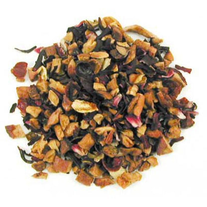 A pile of dried herbal tisane, which are ingredients of the Bella Coola Caffeine Free Herbal Tea blend.