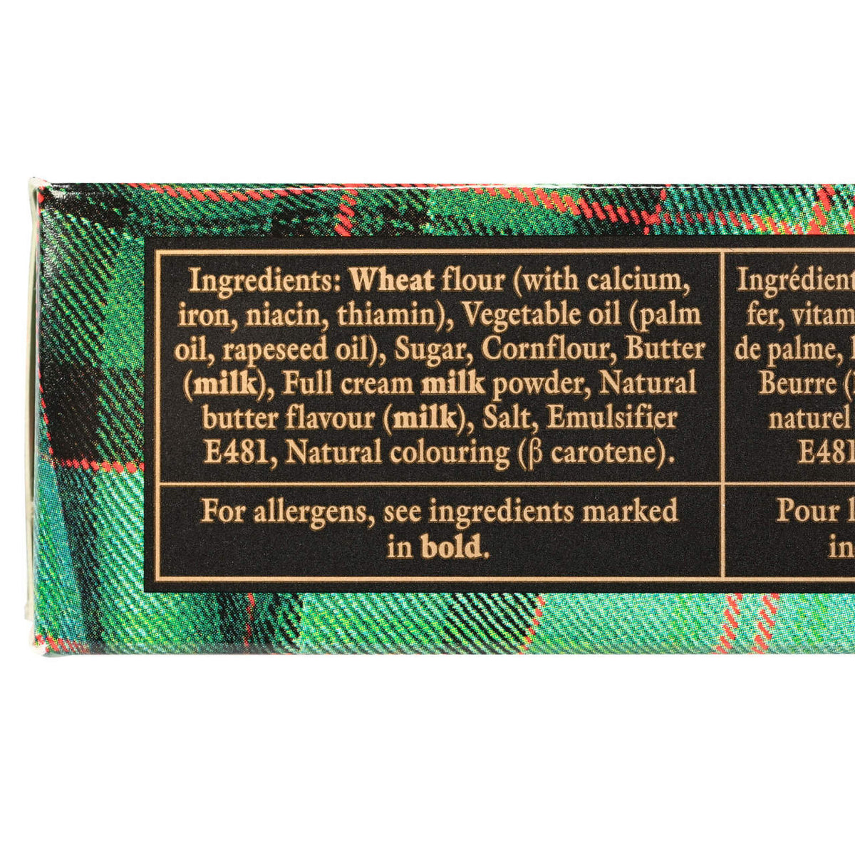 Ingredients from the back of a box of O'Neill's shamrock shortbread cookies with decorative elements on a white background
