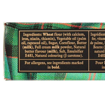 Ingredients from the back of a box of O'Neill's shamrock shortbread cookies with decorative elements on a white background