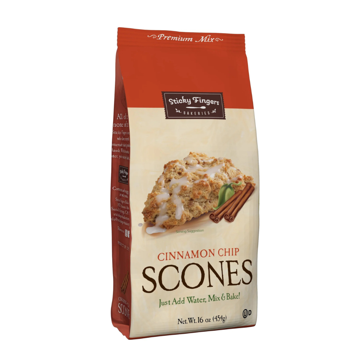 Bag of Sticky Fingers Cinnamon Chip Scones mix on a white background