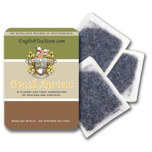A pouch of English Tea Store's Peach Apricot Tea bags, with the product name displayed on the front.