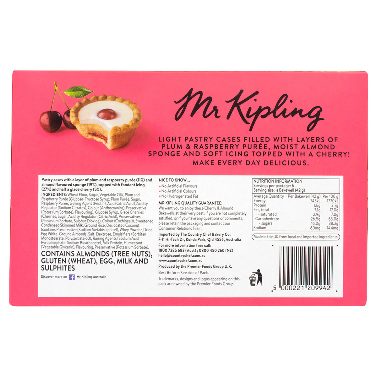 Back of a Mr Kipling pastry packaging with product description and branding.