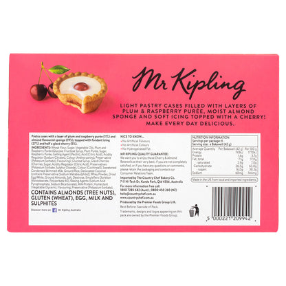 Back of a Mr Kipling pastry packaging with product description and branding.