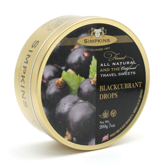 Tin of Simpkins Blackcurrant Drops on a white background