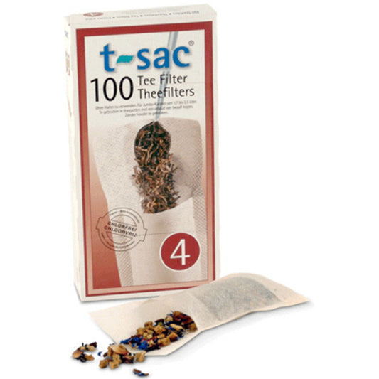 t-sac tea filter packaging with a single filter showing tea leaves on a white background