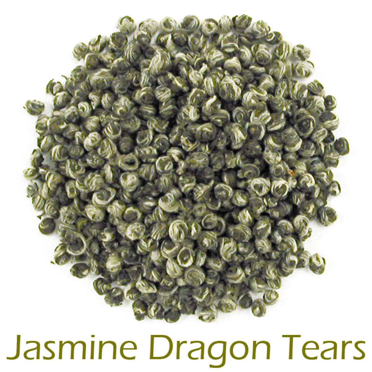 Jasmine Draogon Tears tea loose-leaf pearls in a circular pattern on a white background with product name callout at the bottom