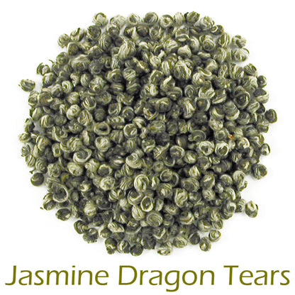 Jasmine Draogon Tears tea loose-leaf pearls in a circular pattern on a white background with product name callout at the bottom