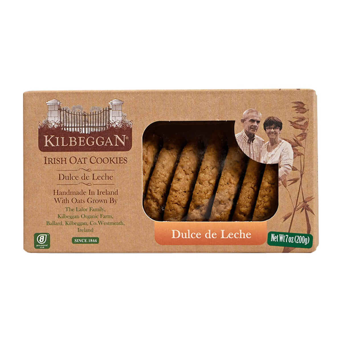 Kilbeggan Irish Oat Cookies packaging with a window showing cookies and branding details.