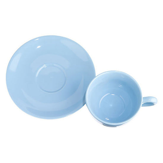 Light blue saucer and tea cup set on a white background