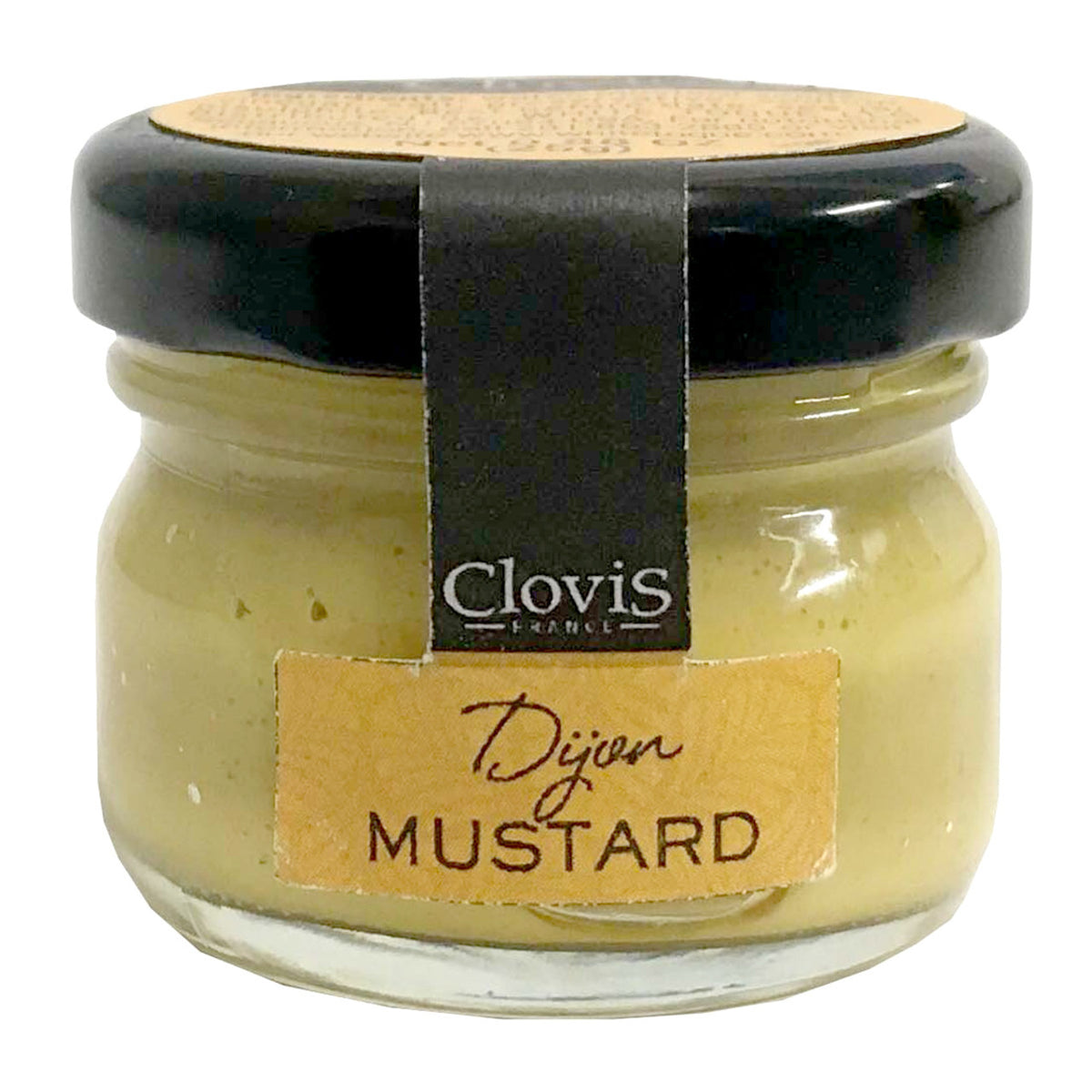 Jar of Dijon mustard with a Clovis label on a white background