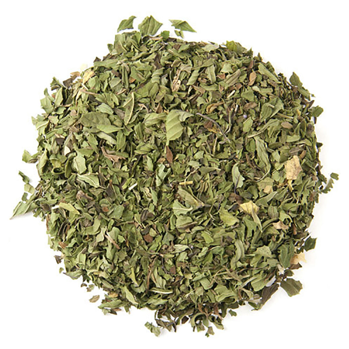 Dried green tea leaves on a white background