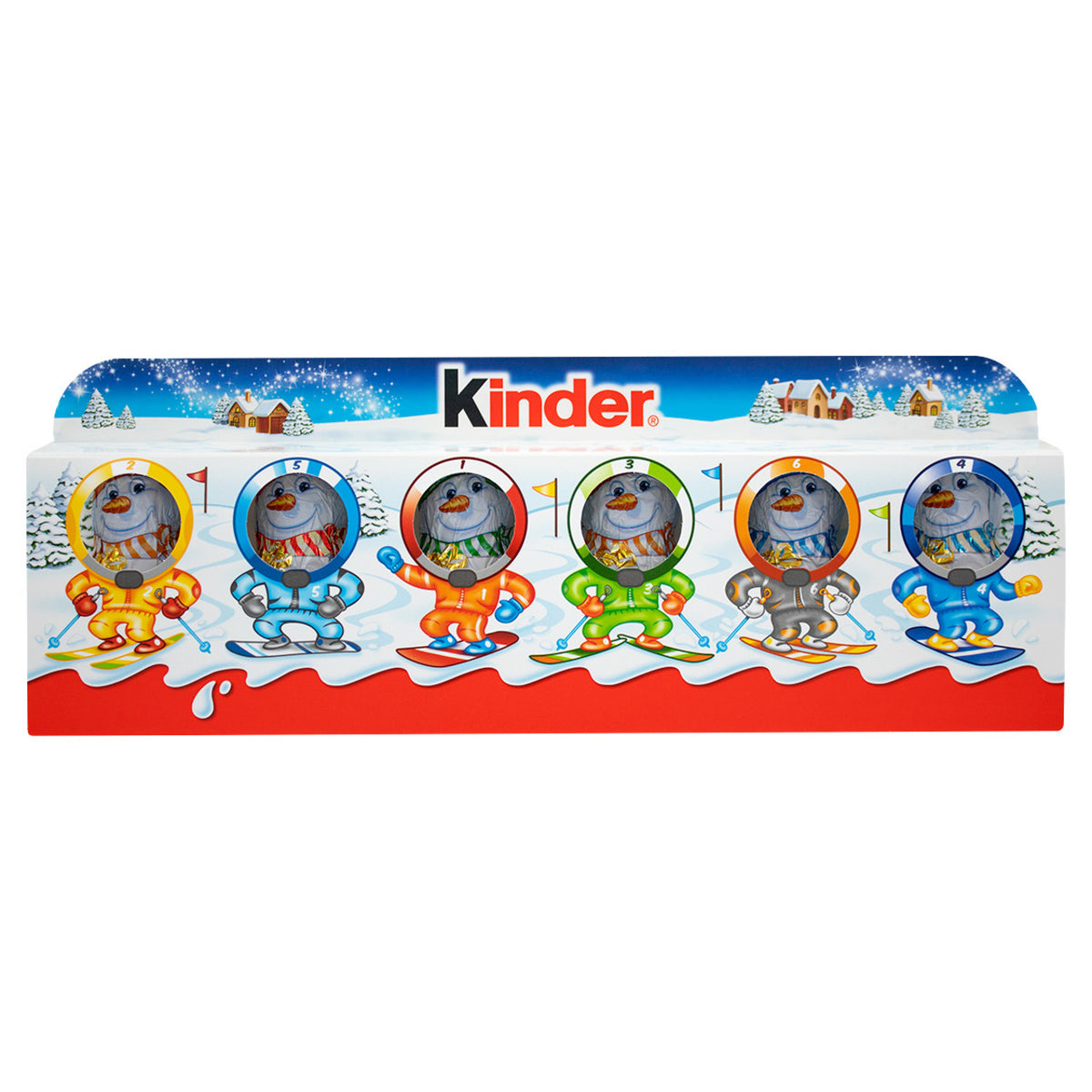 Kinder chocolate packaging with snowmen figures on a white background