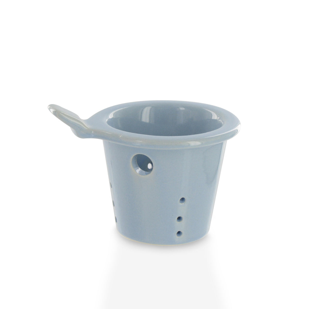 Blue ceramic teapot infuser on a white background