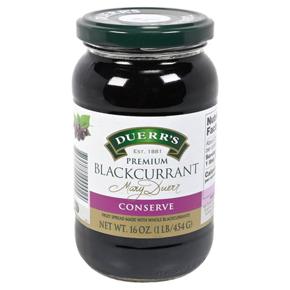 Jar of Duerr's Premium Blackcurrant Conserve on a white background