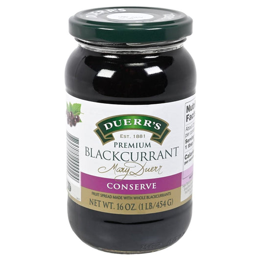 Jar of Duerr's Premium Blackcurrant Conserve on a white background
