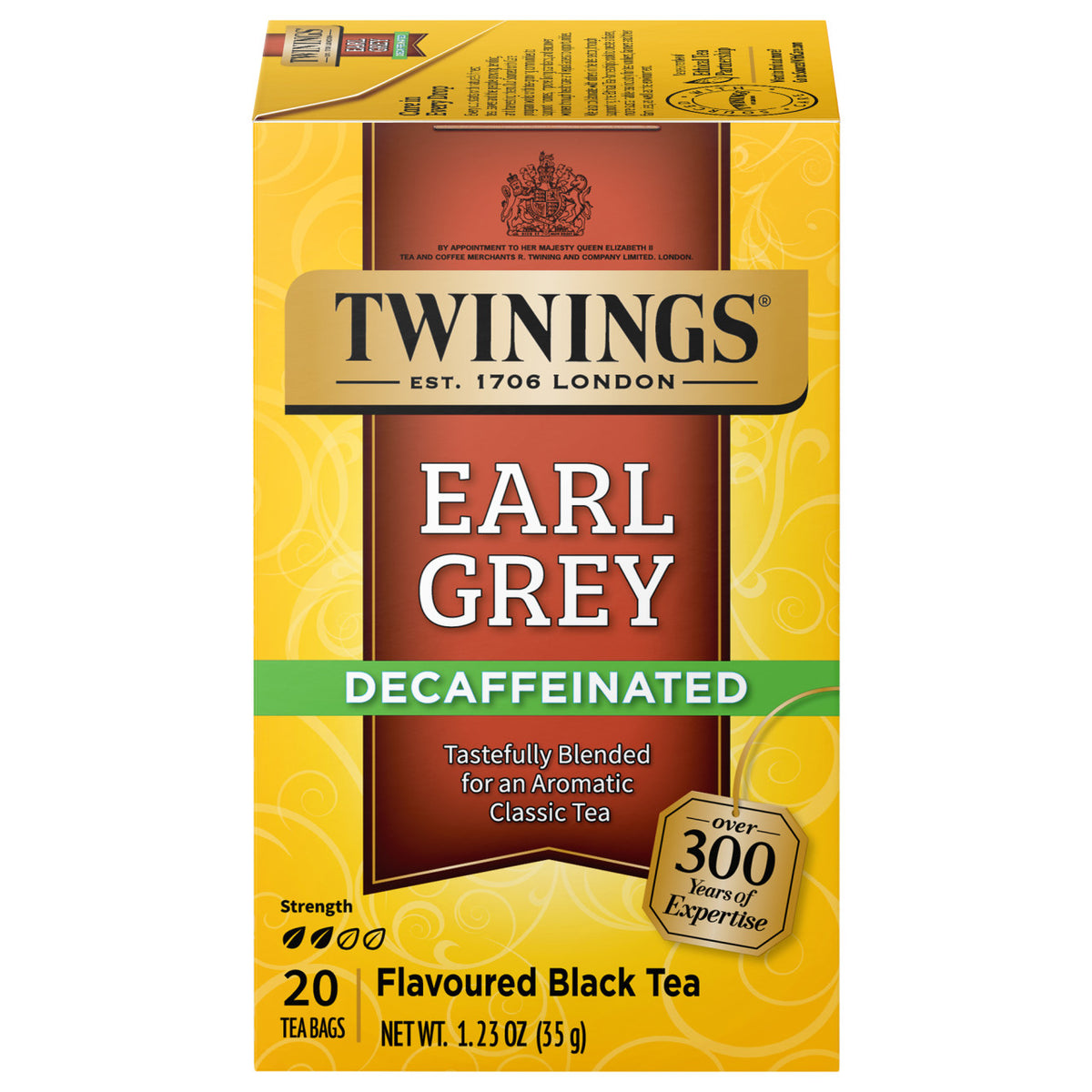 Box of Twinings Earl Grey Decaffeinated tea on a white background