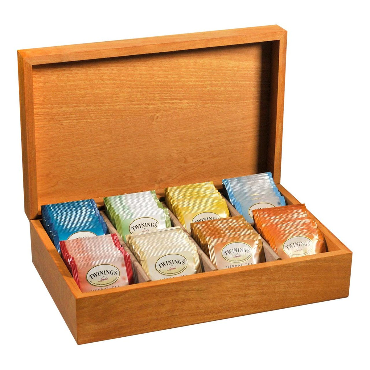 Wooden tea box opened displaying colorful individually wrapped Twinings teabags