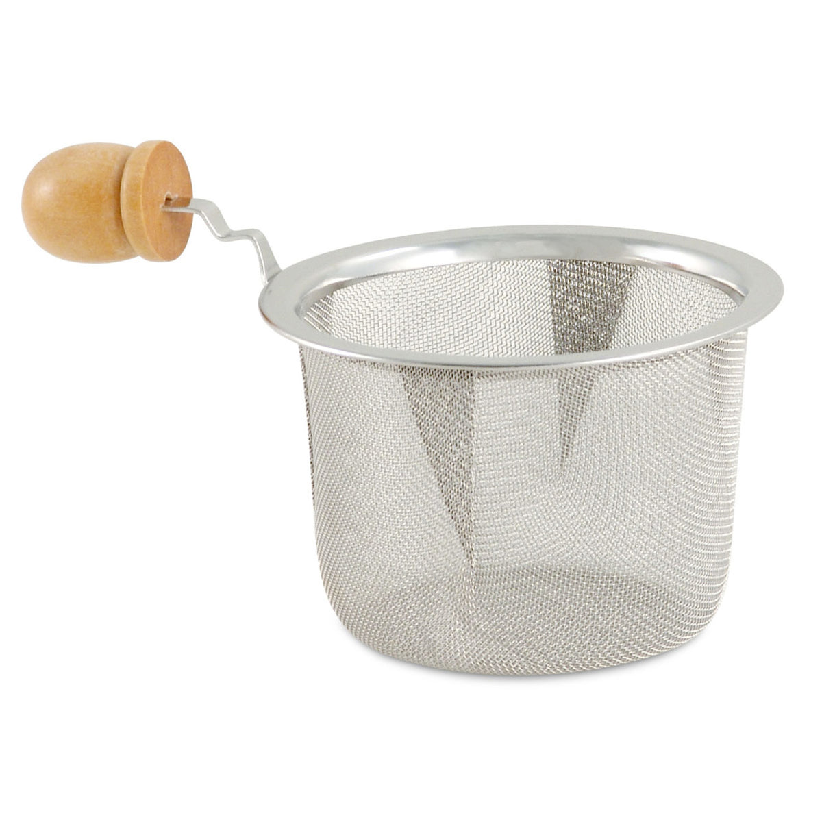 Metal tea strainer with wooden handle on a white background