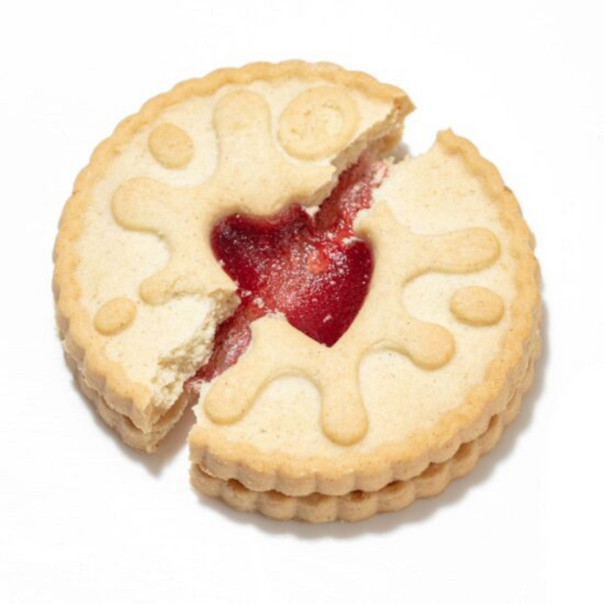 Shortbread cookie with jam in the middle on a white background