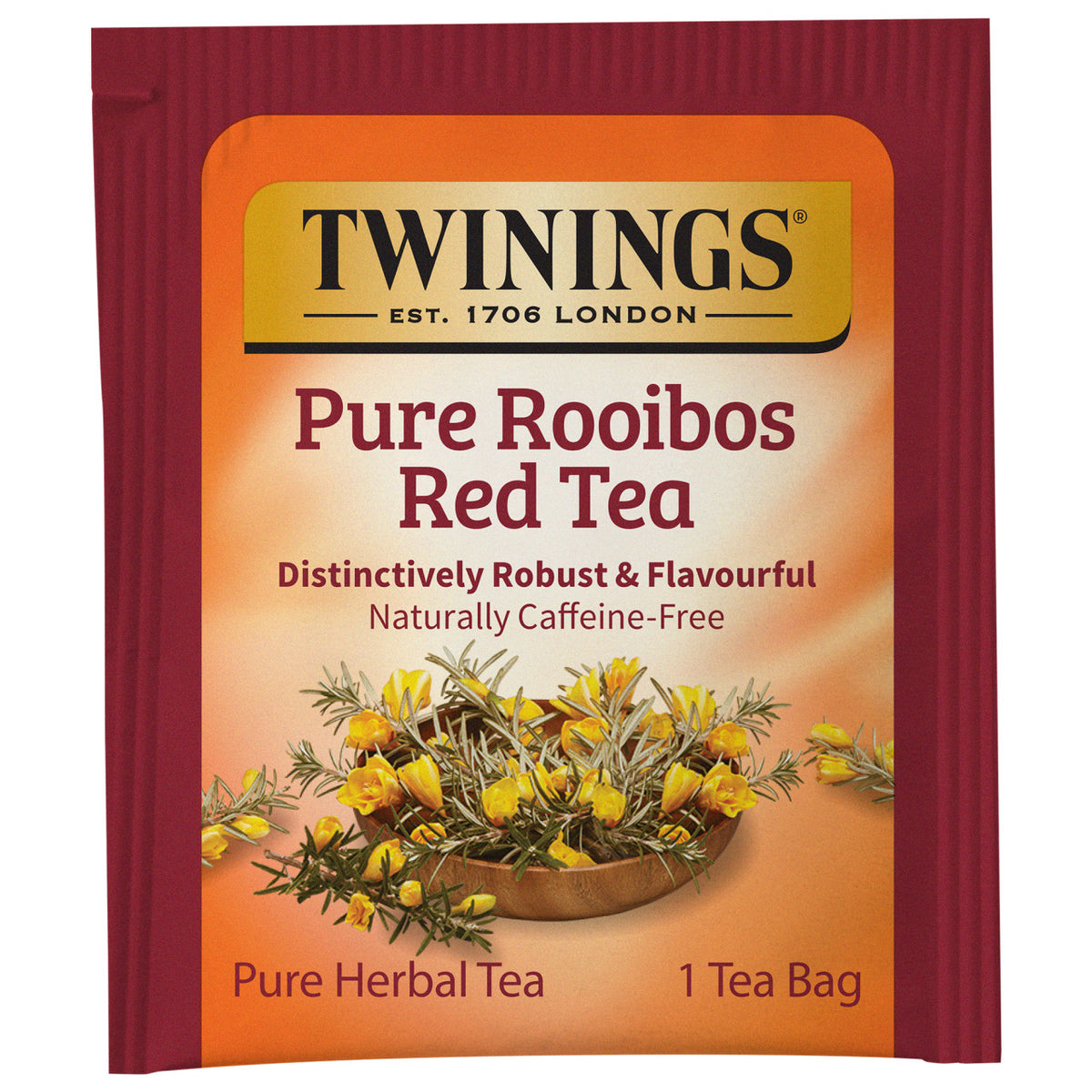 Twinings Pure Rooibos Red Tea package with tea leaves and flowers on an orange background