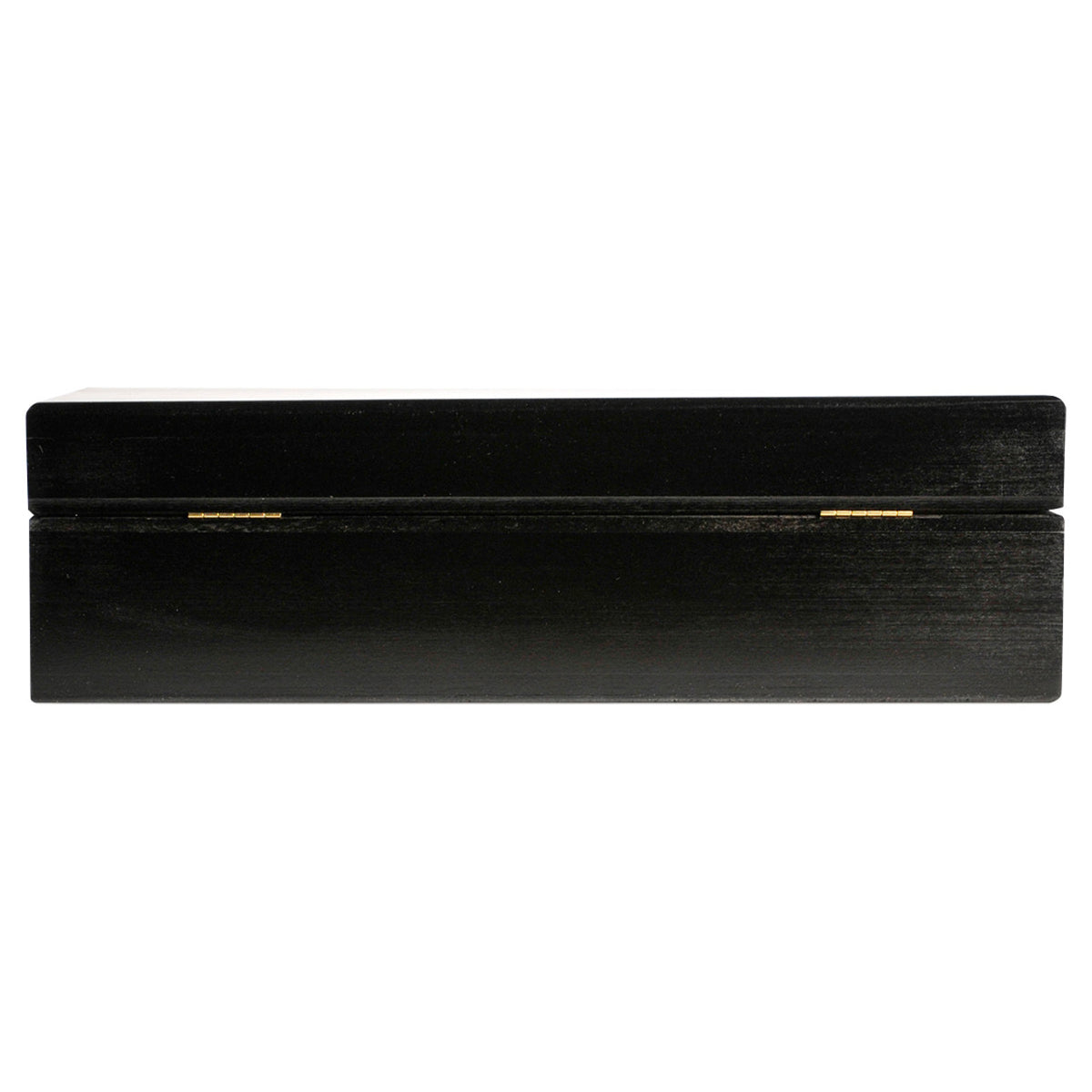 Back view of a closed black wooden tea box on a white background.