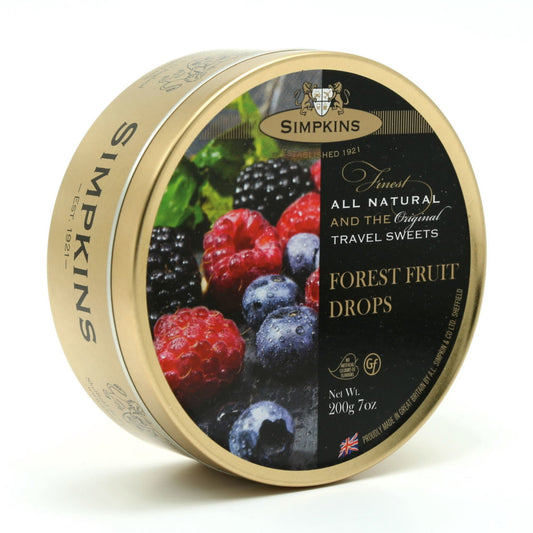 Simpkins Forest Fruit Drops tin with berries on a white background