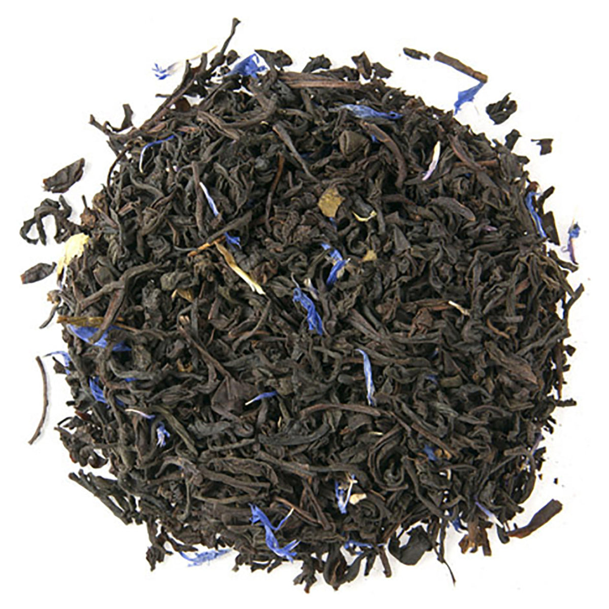 Close-up of Early Grey black tea leaves with blue flowers on a white background