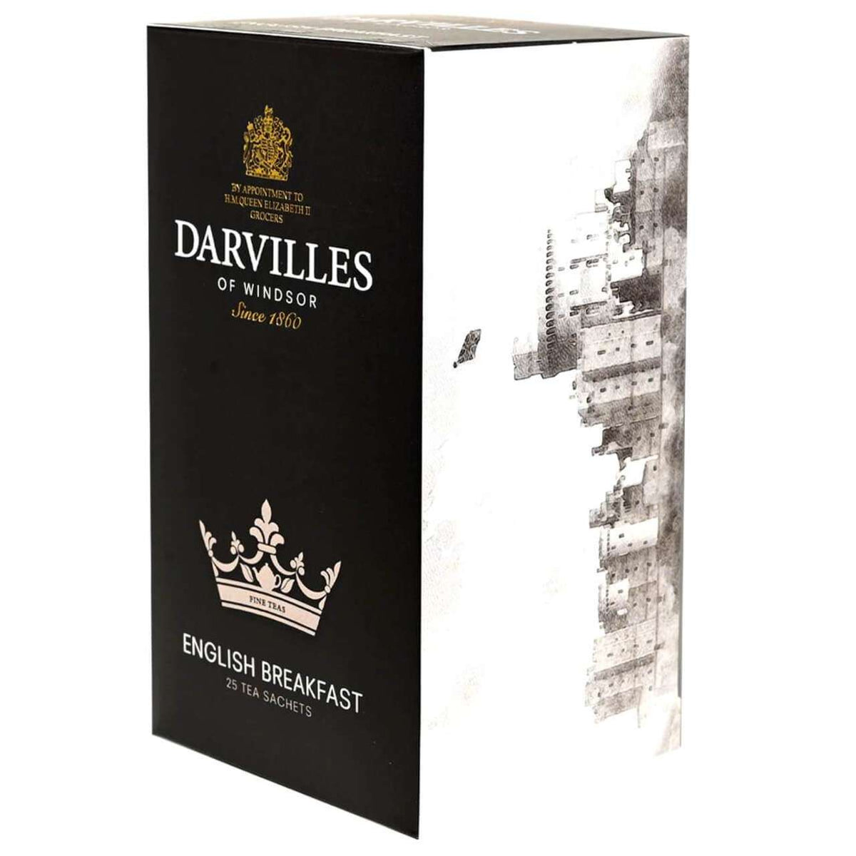 Darvilles of Windsor English Breakfast tea packaging with black and white design.