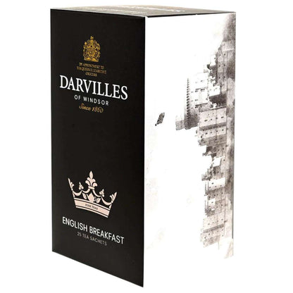 Darvilles of Windsor English Breakfast tea packaging with black and white design.