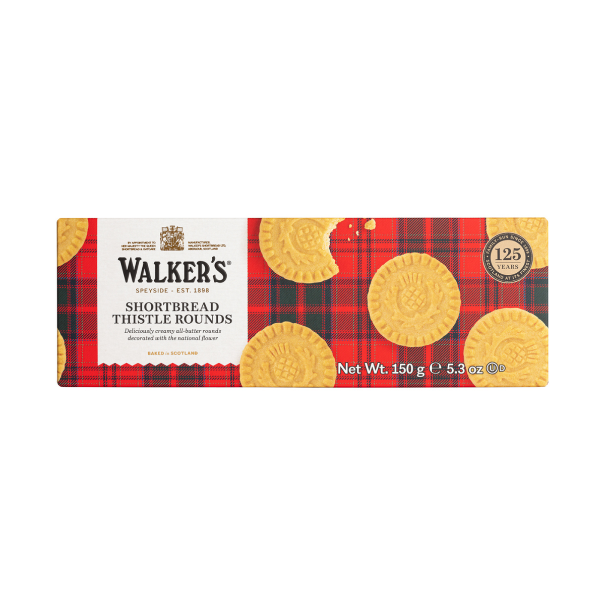 Box of Walker's Shortbread Thistle Rounds with a red plaid pattern on a white background