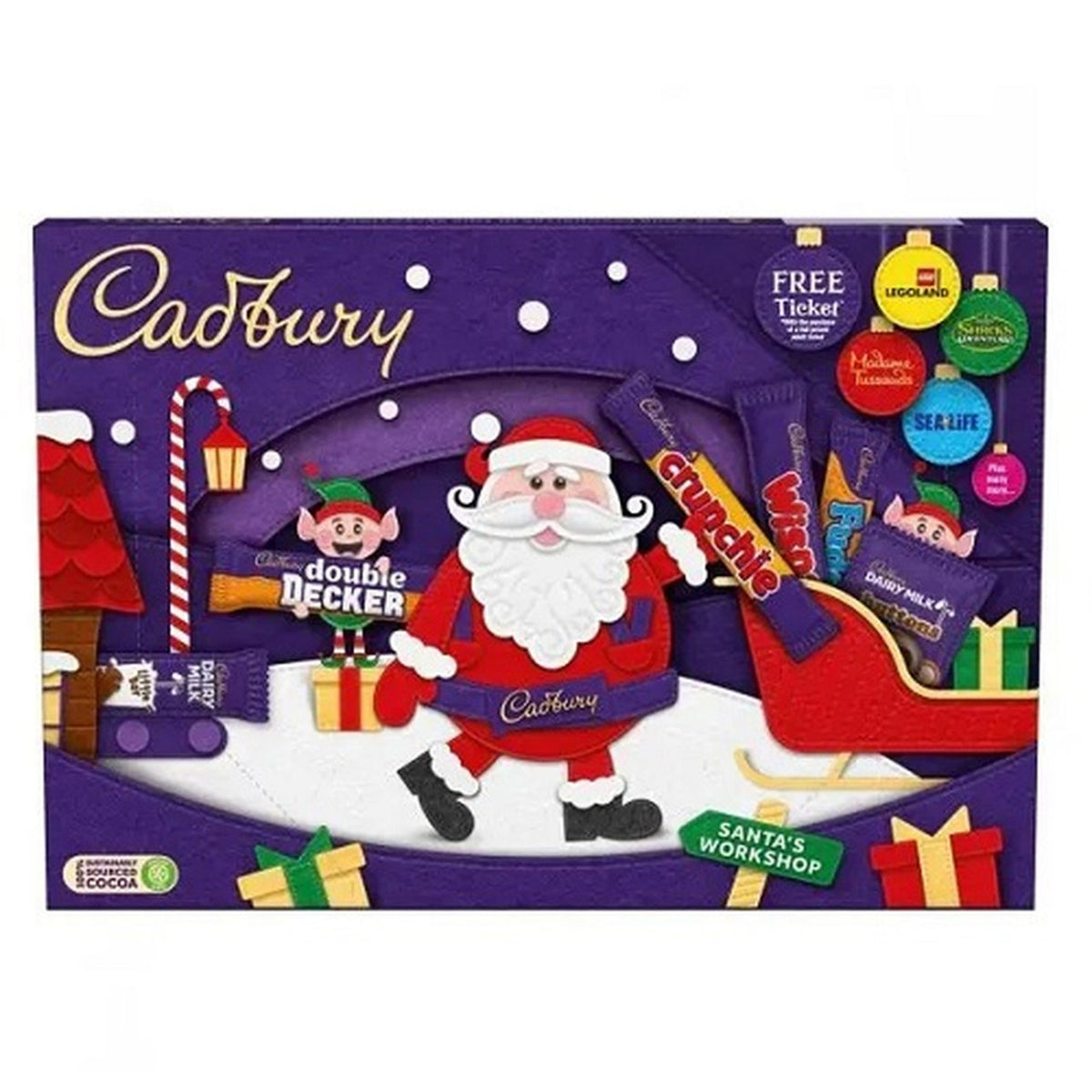 Cadbury chocolate gift set with Santa Claus design on a purple background